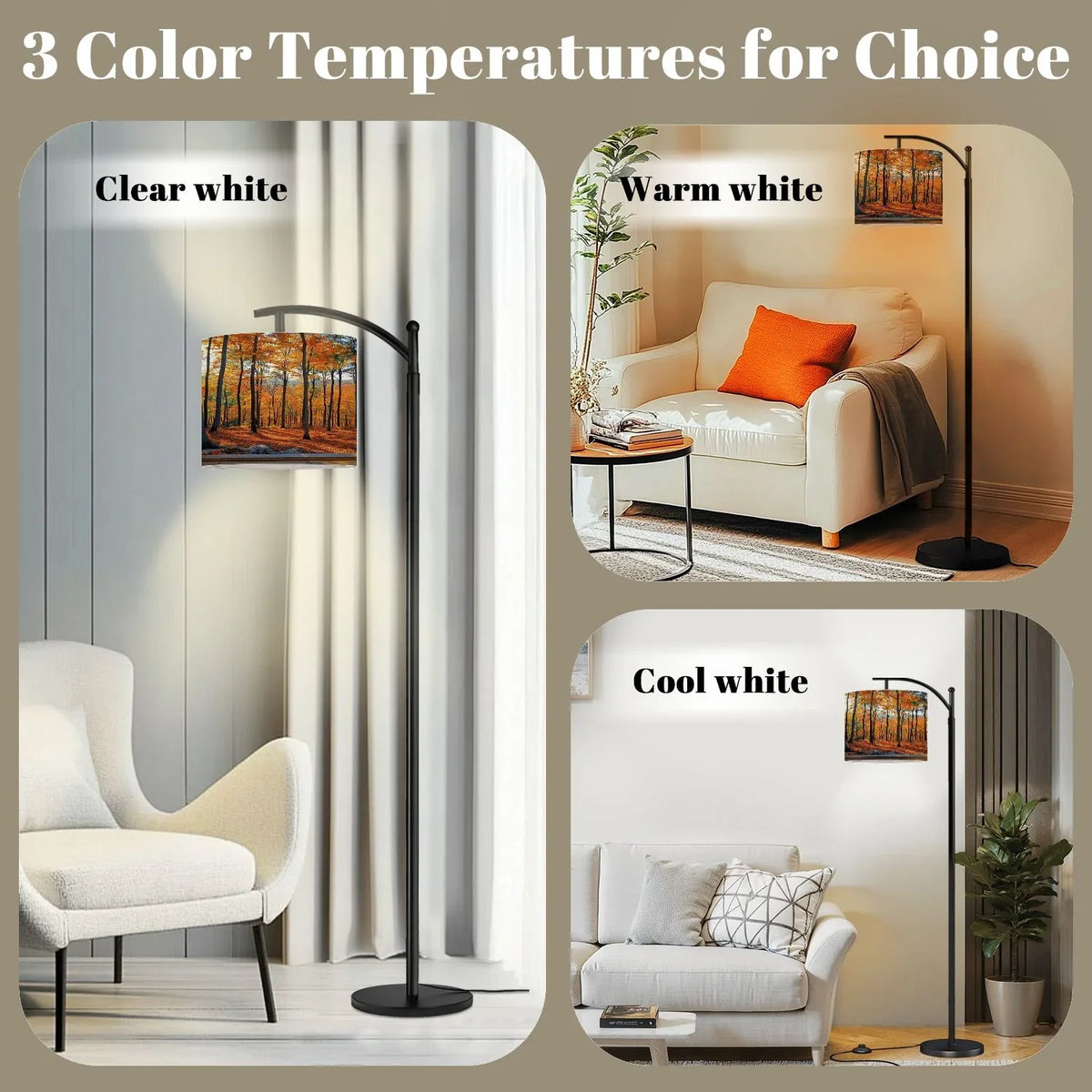Arc Floor Lamp, 3 Color Temperatures Modern Floor Lamps Fall Autumn Maple Tree Forest Adjustable Tall Standing Reading Lamp with Linen Texture Shade - image 4