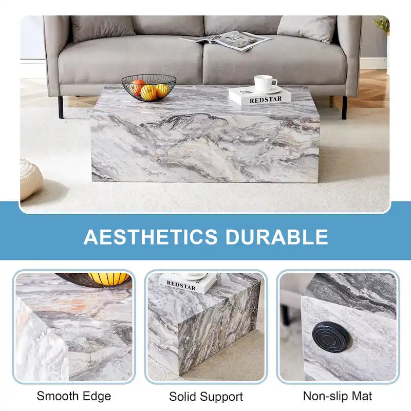 Contemporary Rectangular Coffee Table with Sturdy Base and Imitation Marble Finish for Living Room - image 22