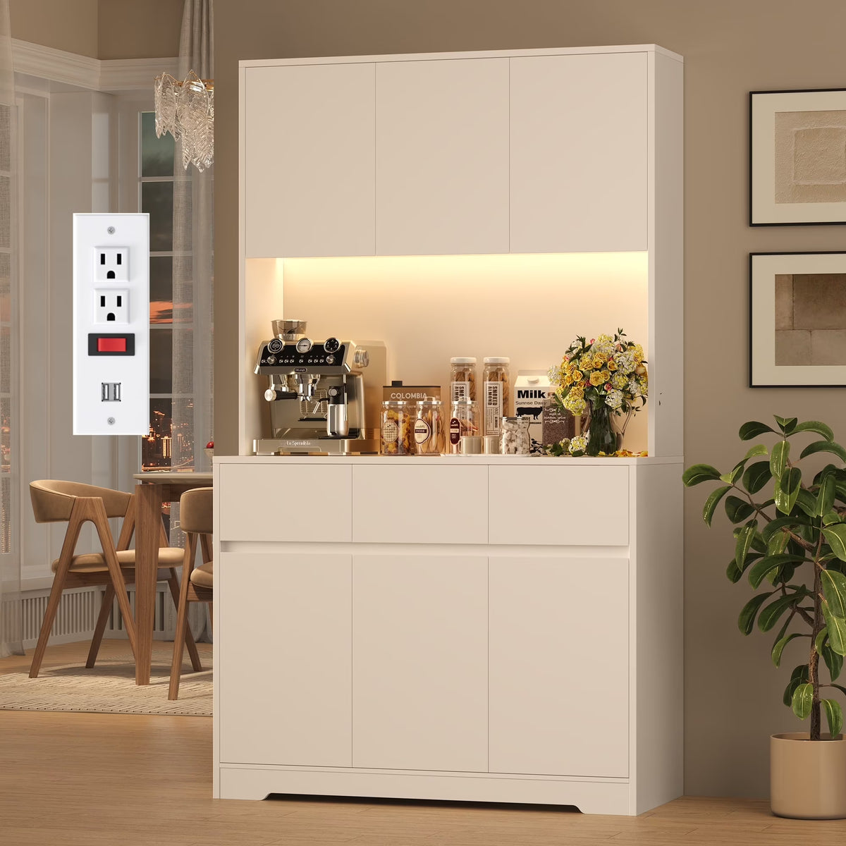 Homfa 70.9'' Tall Kitchen Pantry Cabinet with Charge Station & Led Light, 3 Drawer Storage Cabinet with Adjustable Shelves, White - image 1