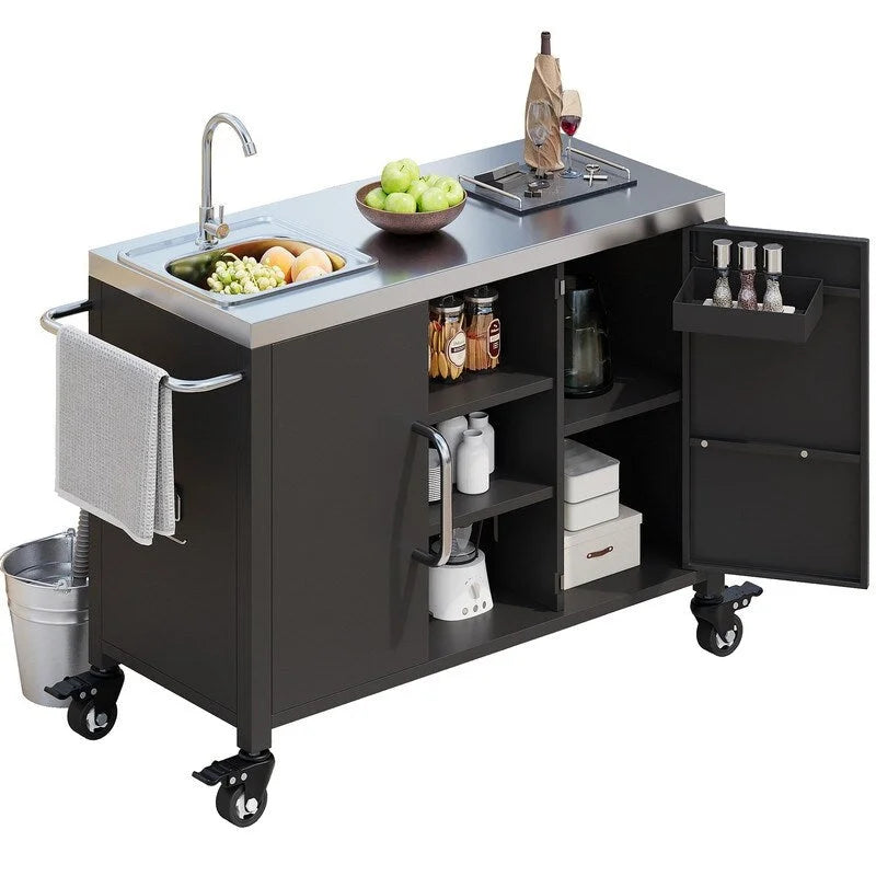 Outdoor Kitchen Island with Sink, Outdoor Bar Cart Sink Station with 4 Lockable Wheels - image 3