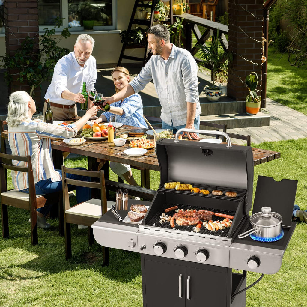 Upgraded 4 Burner BBQ Propane Gas Grill with Cast Iron Grates & Side Stove, 44,000 BTU Stainless Steel Burner Barbecue Grill 