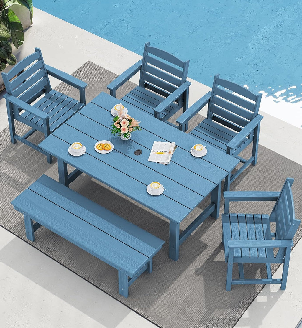 SERWALL 7-Piece Patio Table Set, Outdoor HDPE Dining Furniture with Umbrella Hole, All Weather Table and Chairs for Lawn, Garden, Poolside, Aruba - image 78