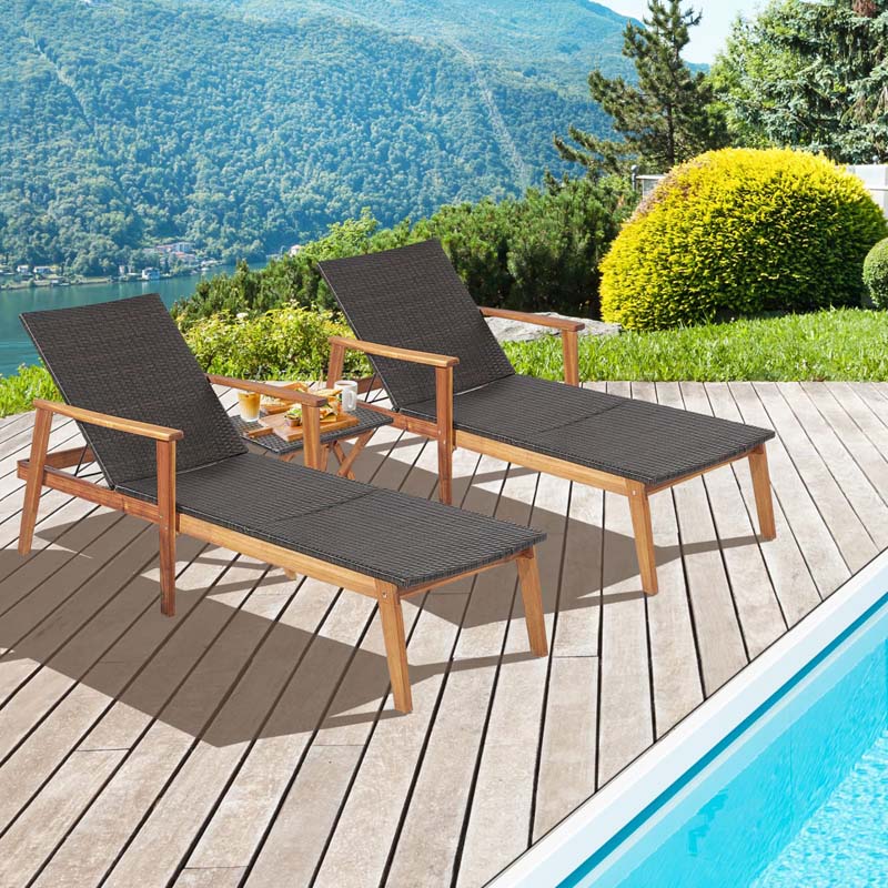 Acacia Wood Amp Rattan Patio Beach Outdoor Chaise Lounge Chairs Pool Sun Lounger Set With Folding Side Table - High Quality S