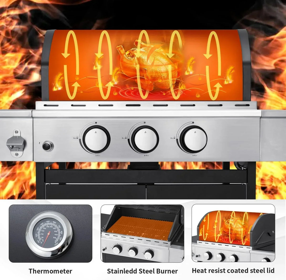 Upgraded 4 Burner BBQ Propane Gas Grill with Cast Iron Grates & Side Stove, 44,000 BTU Stainless Steel Burner Barbecue Grill 