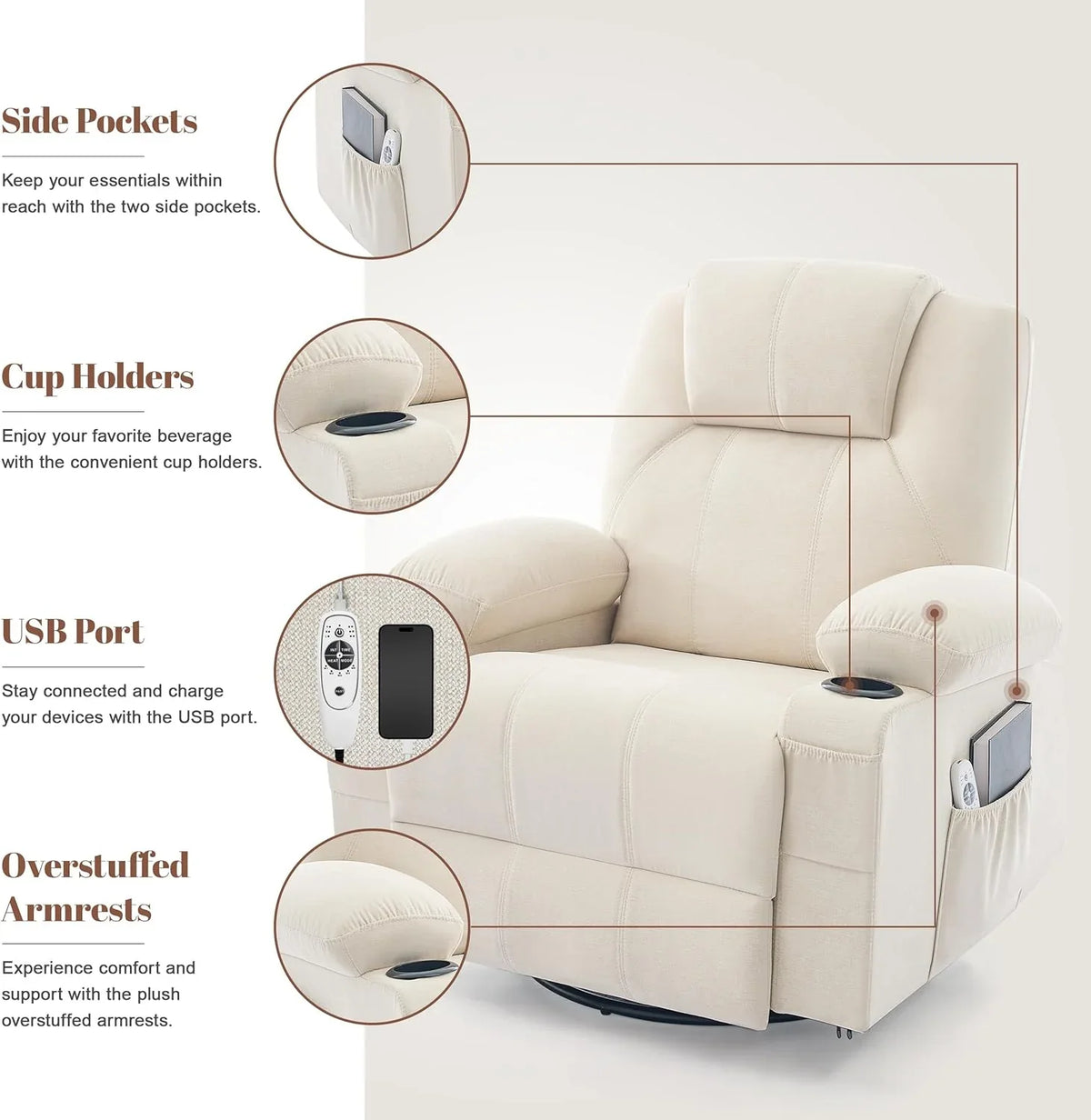 Oversized Swivel Rocker Recliner Chair with Heat and Massage, 360 Degree Swivel Rocking Single Sofa with Cup Holders and USB Port, Large Big Recliner Chair for Living Room (Leather, Brown) - image 19