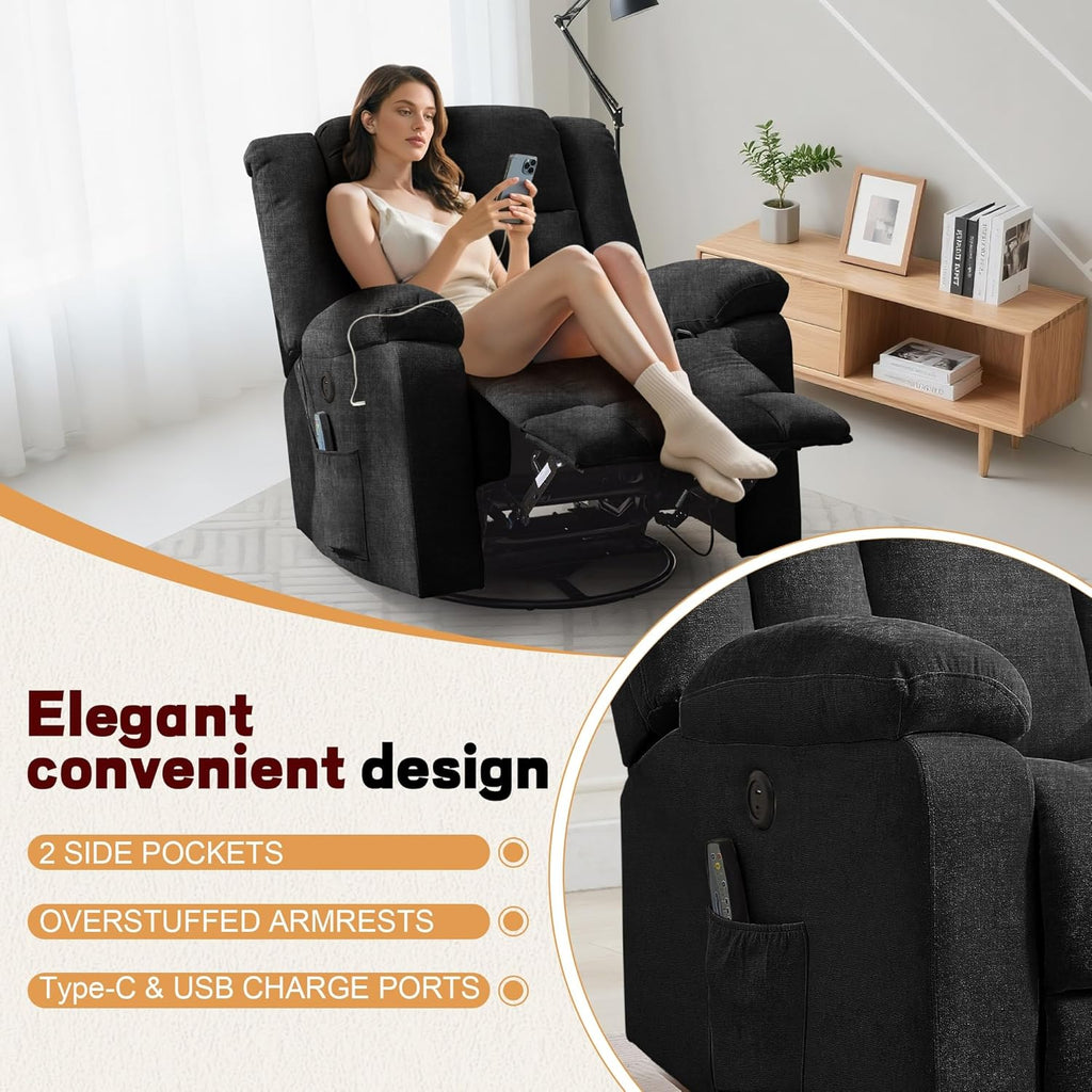 Rocker Recliner, Glider Recliner Chairs for Adults, 360° Swivel Rocking Chair with Massage and Heating, Nursery Chair with Storage and USB Charging for Living Room, Bedroom, Nursery - image 48