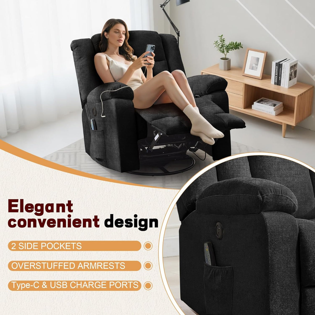 Rocker Recliner, Glider Recliner Chairs for Adults, 360° Swivel Rocking Chair with Massage and Heating, Nursery Chair with Storage and USB Charging for Living Room, Bedroom, Nursery - image 48
