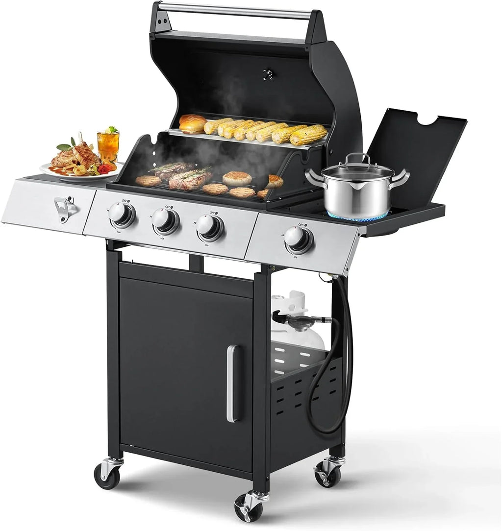Upgraded 4 Burner BBQ Propane Gas Grill with Cast Iron Grates & Side Stove, 44,000 BTU Stainless Steel Burner Barbecue Grill 