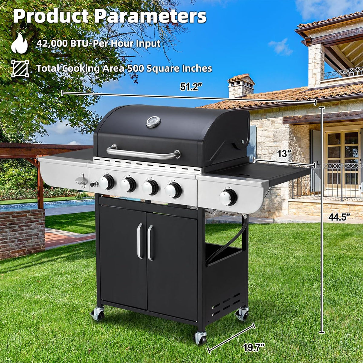 Upgraded 4 Burner BBQ Propane Gas Grill with Cast Iron Grates & Side Stove, 44,000 BTU Stainless Steel Burner Barbecue Grill 