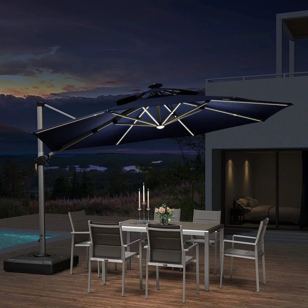 12ft Solar LED Patio Umbrella Outdoor Round Umbrella Large Cantilever Umbrella with LED Lights Windproof Bias Umbrella Heavy 