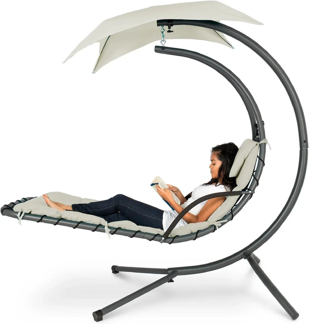Best Choice Products Outdoor Hanging Curved Steel Chaise Lounge Chair Swing w/Built-in Pillow and Removable Canopy - Charcoal