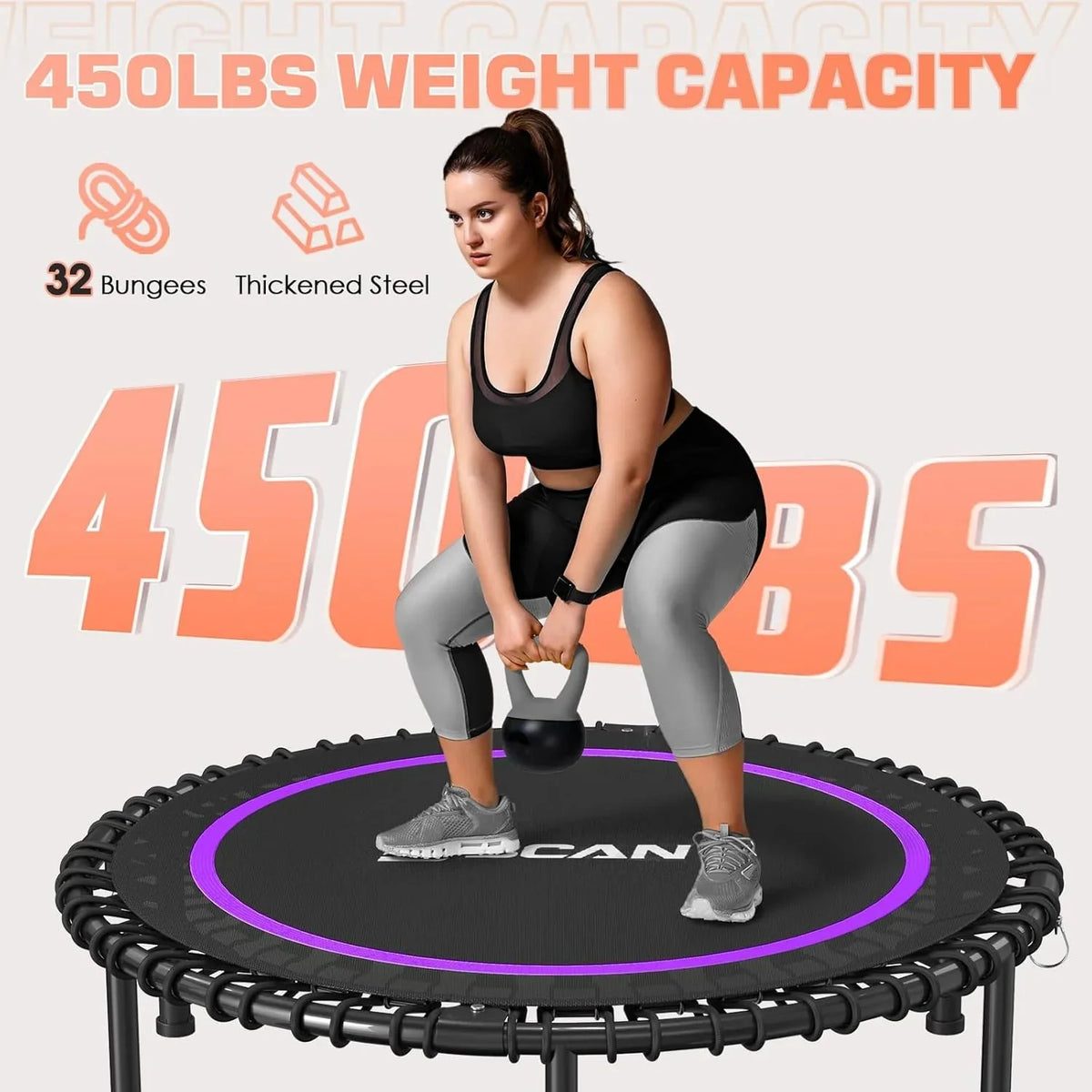 BCAN 450/550 LBS Foldable Mini Trampoline, 40"/48" Fitness Trampoline with Bungees, U Shape Adjustable Foam Handle, Stable & Quiet Exercise Rebounder for Adults Indoor/Outdoor Workout - image 70