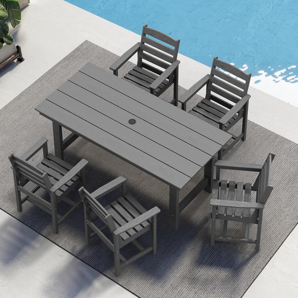 SERWALL 7-Piece Patio Table Set, Outdoor HDPE Dining Furniture with Umbrella Hole, All Weather Table and Chairs for Lawn, Garden, Poolside, Aruba - image 166