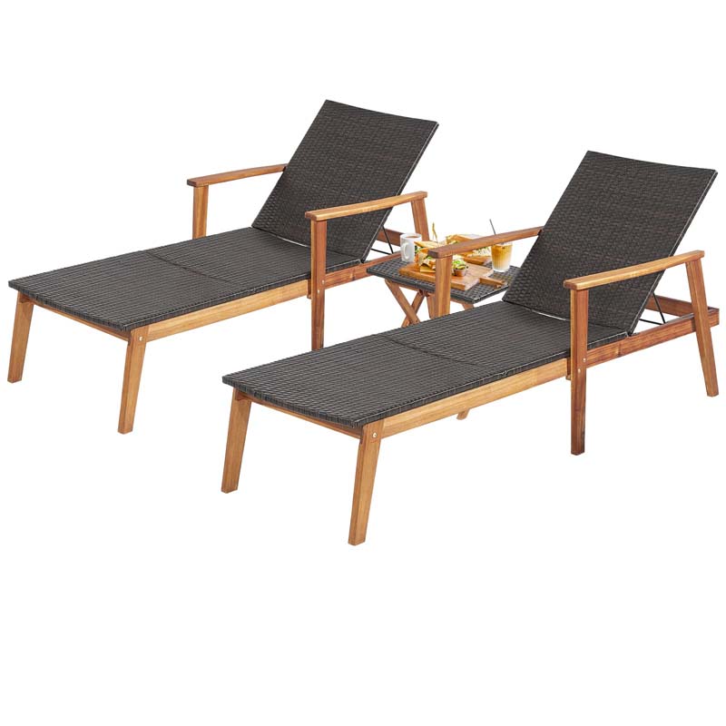 Acacia Wood Amp Rattan Patio Beach Outdoor Chaise Lounge Chairs Pool Sun Lounger Set With Folding Side Table - High Quality S
