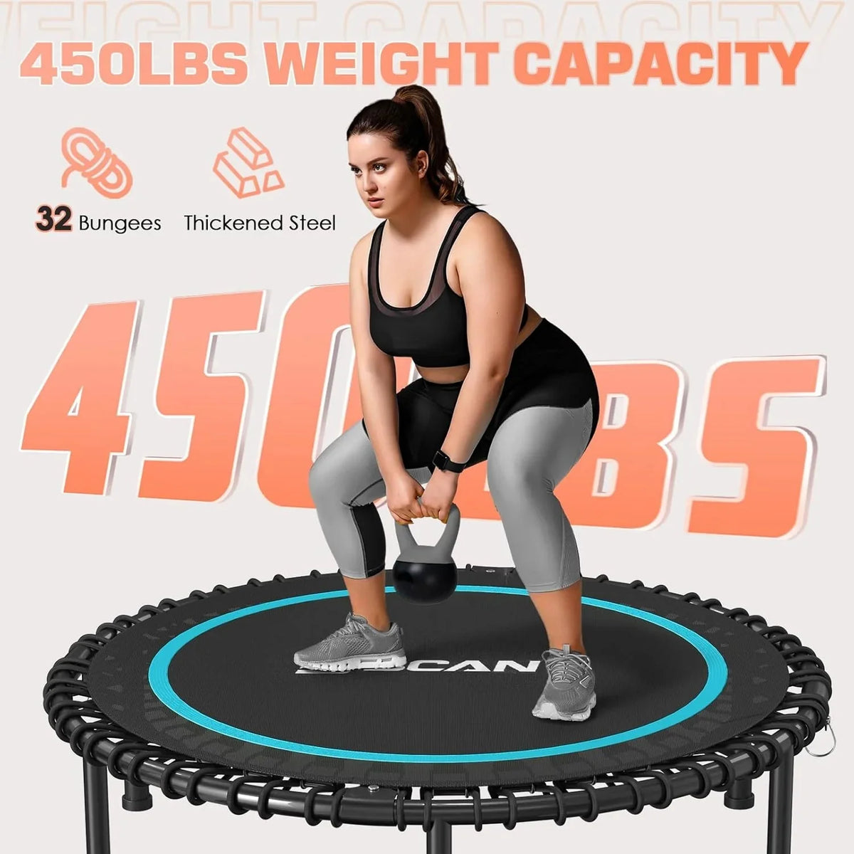 BCAN 450/550 LBS Foldable Mini Trampoline, 40"/48" Fitness Trampoline with Bungees, U Shape Adjustable Foam Handle, Stable & Quiet Exercise Rebounder for Adults Indoor/Outdoor Workout - image 20