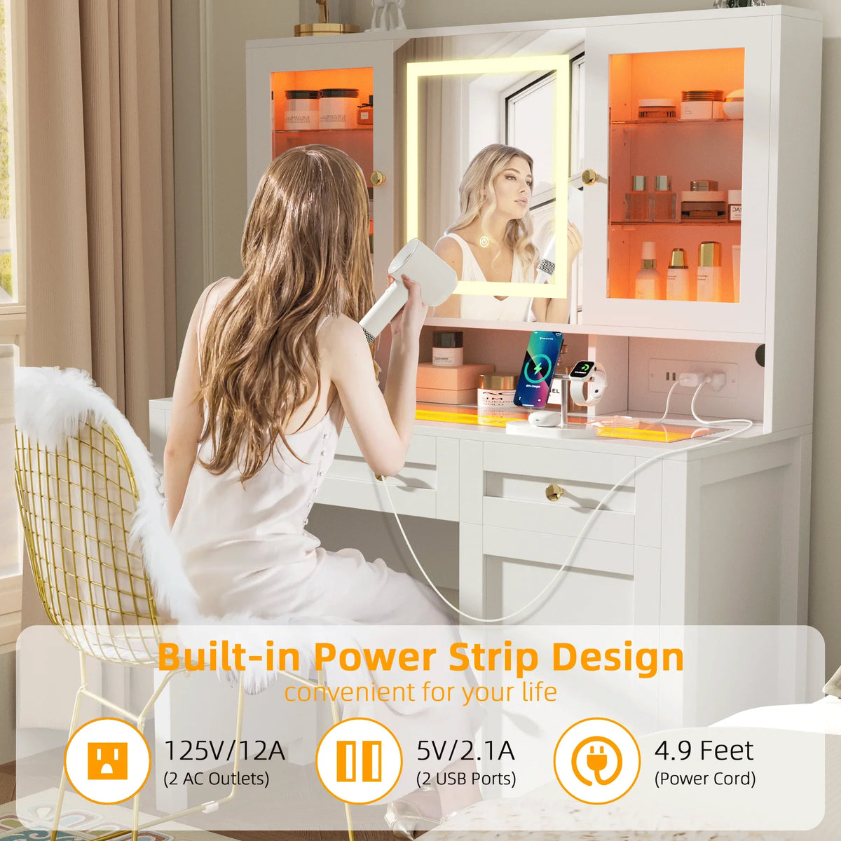 Semoic White Makeup Vanity Desk with LED Mirror and RGB Lights and Power Outlet, Morden Glass Top Vanity Table with Drawer & Storage Cabinet & Adjustable Shelves, Large Dressing Table for Bedroom - image 3