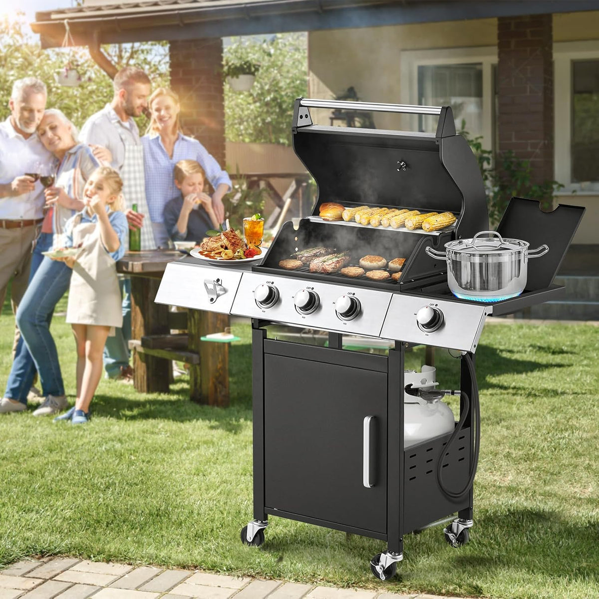 Upgraded 4 Burner BBQ Propane Gas Grill with Cast Iron Grates & Side Stove, 44,000 BTU Stainless Steel Burner Barbecue Grill 