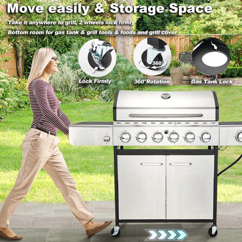 Upgraded 4 Burner BBQ Propane Gas Grill with Cast Iron Grates & Side Stove, 44,000 BTU Stainless Steel Burner Barbecue Grill 