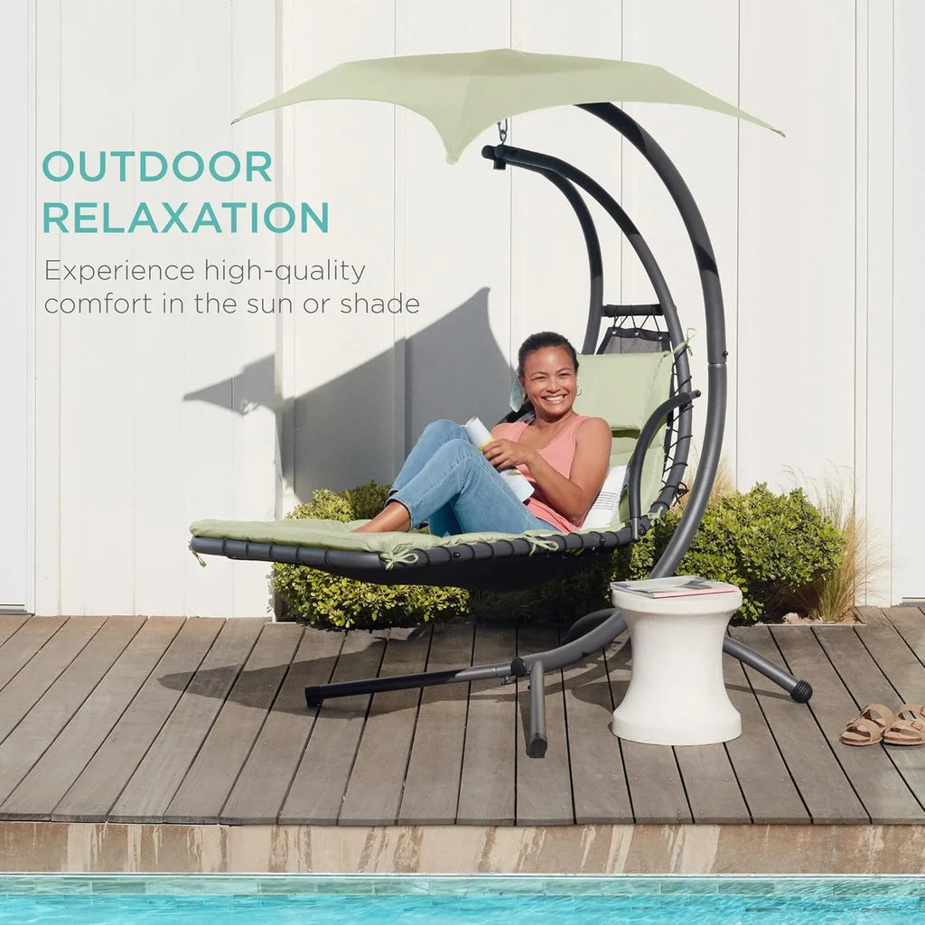 Best Choice Products Outdoor Hanging Curved Steel Chaise Lounge Chair Swing w/Built-in Pillow and Removable Canopy - Charcoal