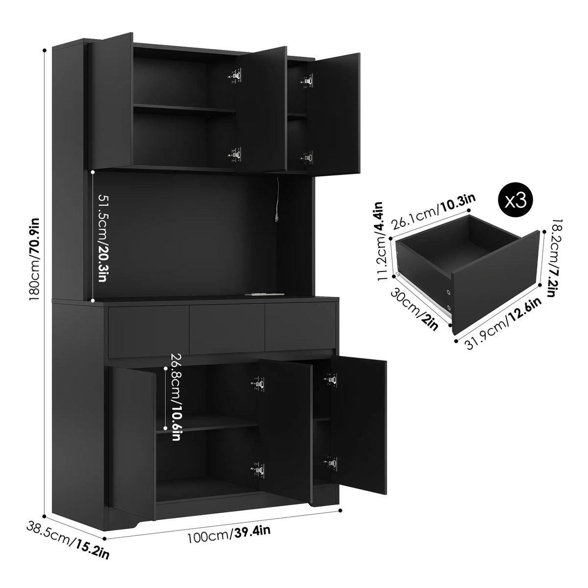 Homfa 70.9'' Tall Kitchen Pantry Cabinet with Charge Station & Led Light, 3 Drawer Storage Cabinet with Adjustable Shelves, White - image 27