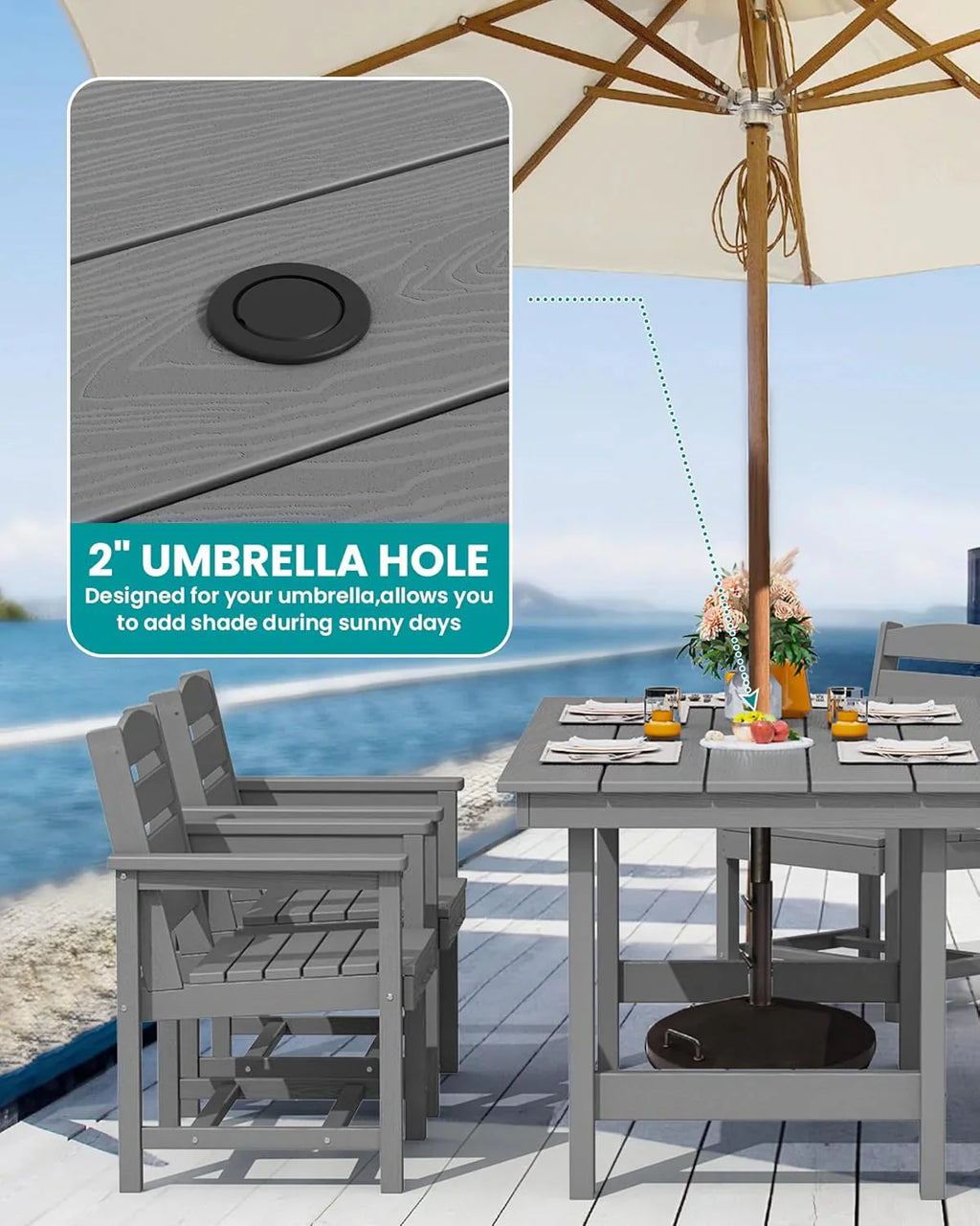 SERWALL 7-Piece Patio Table Set, Outdoor HDPE Dining Furniture with Umbrella Hole, All Weather Table and Chairs for Lawn, Garden, Poolside, Aruba - image 48
