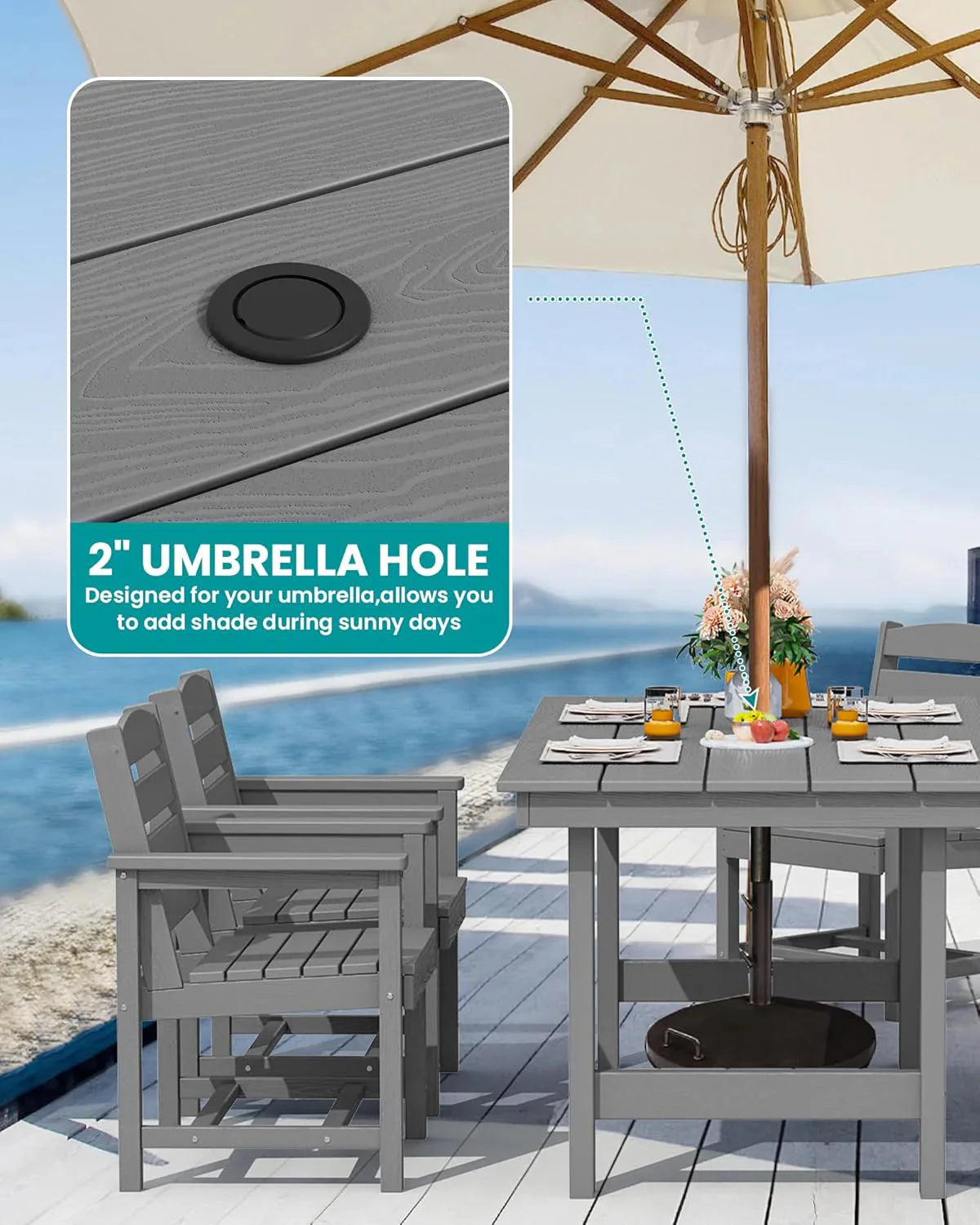 SERWALL 7-Piece Patio Table Set, Outdoor HDPE Dining Furniture with Umbrella Hole, All Weather Table and Chairs for Lawn, Garden, Poolside, Aruba - image 48