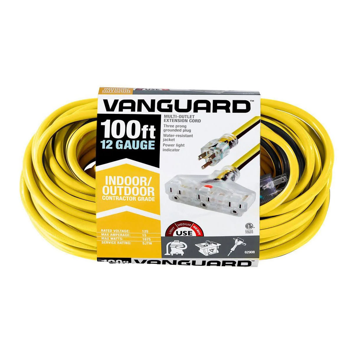Vanguard 100 ft. x 12/3 Gauge Multiple Outlet Extension Cord with Indicator Light, Yellow/Black - image 1