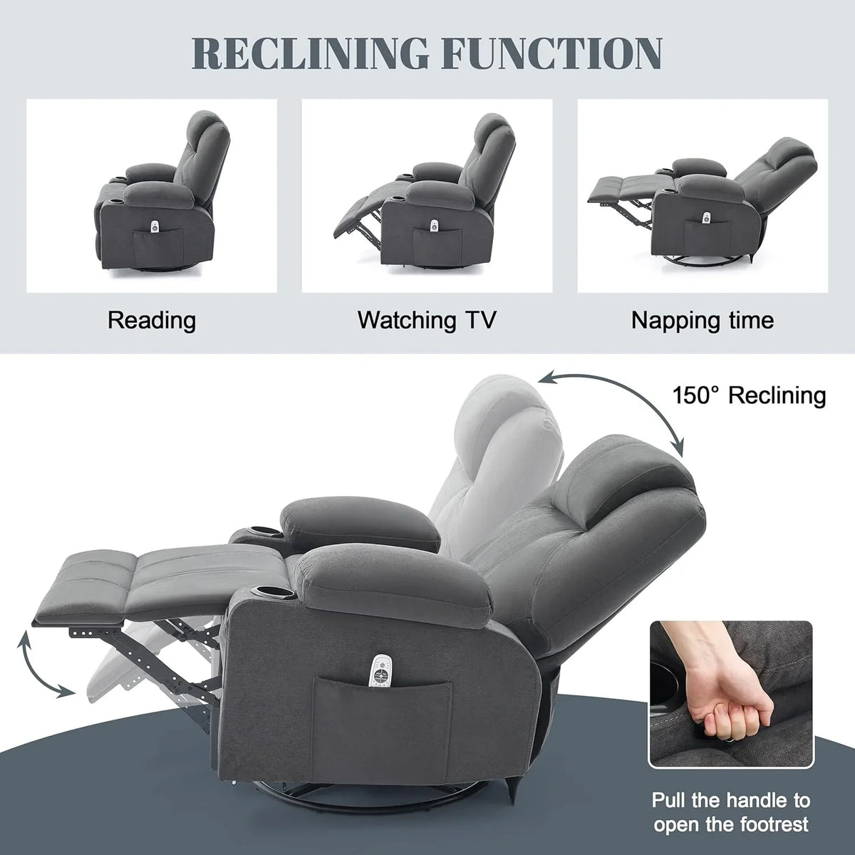 Oversized Swivel Rocker Recliner Chair with Heat and Massage, 360 Degree Swivel Rocking Single Sofa with Cup Holders and USB Port, Large Big Recliner Chair for Living Room (Leather, Brown) - image 36