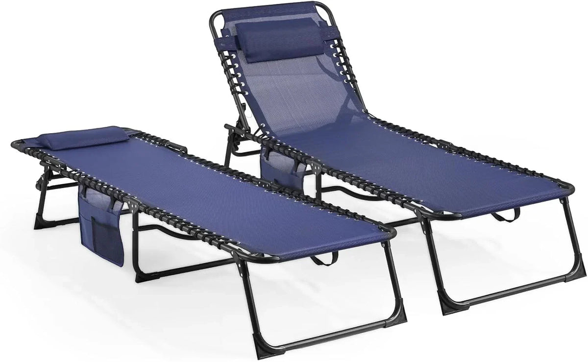 Unovivy Outdoor Chaise Lounge Chairs Set of 2, Portable Folding Pool Lounge Chair with 5-Position Reclining Back, Teslin Tann