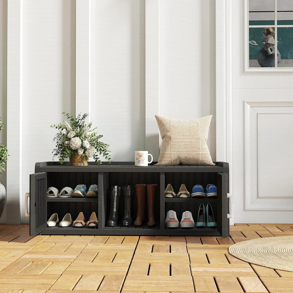 KAMABOKO Outdoor Shoe Storage Cabinet, Waterproof UV-Resistant Entryway Storage Bench Indoor Outdoor with 2 Barn Doors, Adjus