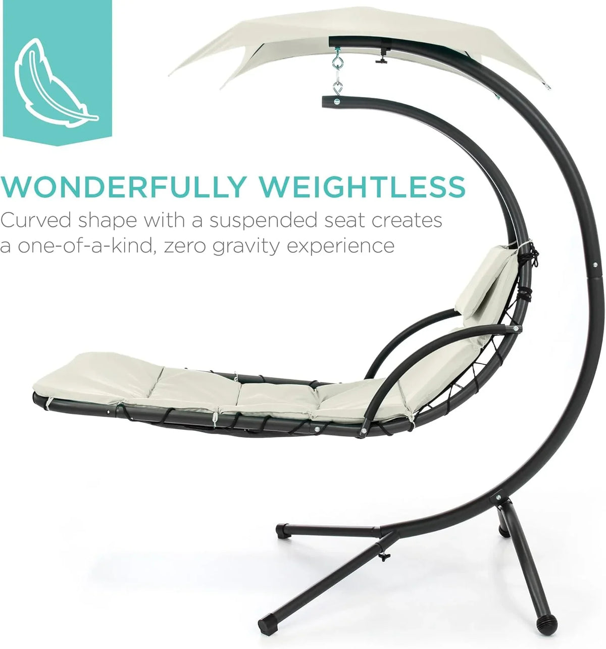 Best Choice Products Outdoor Hanging Curved Steel Chaise Lounge Chair Swing w/Built-in Pillow and Removable Canopy - Charcoal