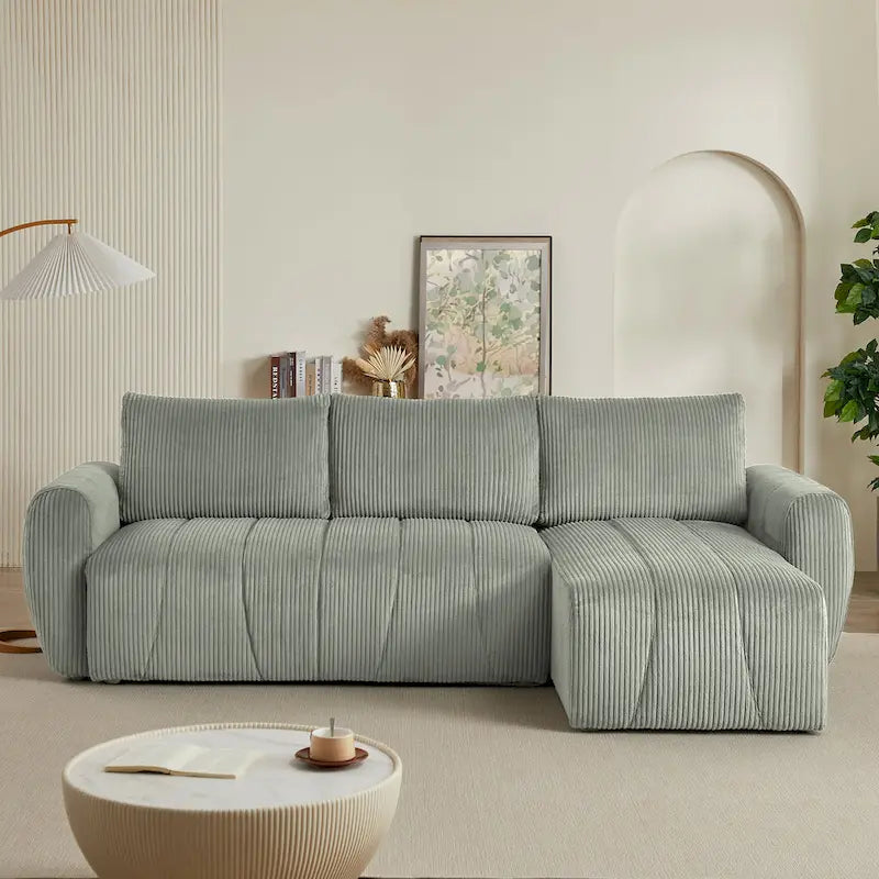 Grey 105.2" Corduroy L-Shaped Convertible Sleeper Sectional with Storage Compartment - image 4