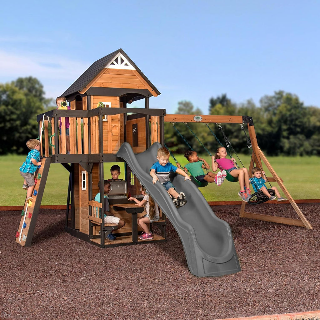 Canyon Creek Cedar Wood Swing Set with Wave Slide, Clubhouse, Play Kitchen, Picnic Area, Belt Swings, Web Swing, Rock Wall, B