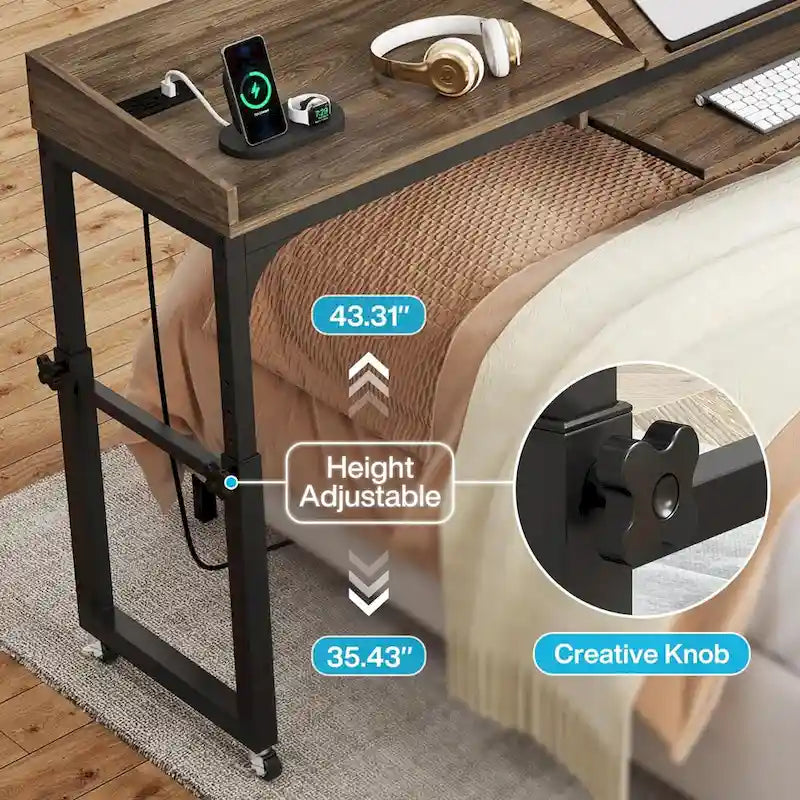 Mobile Height Adjustable Overbed Table with Wheels, Featuring Outlets and USB Ports for Laptops - image 5