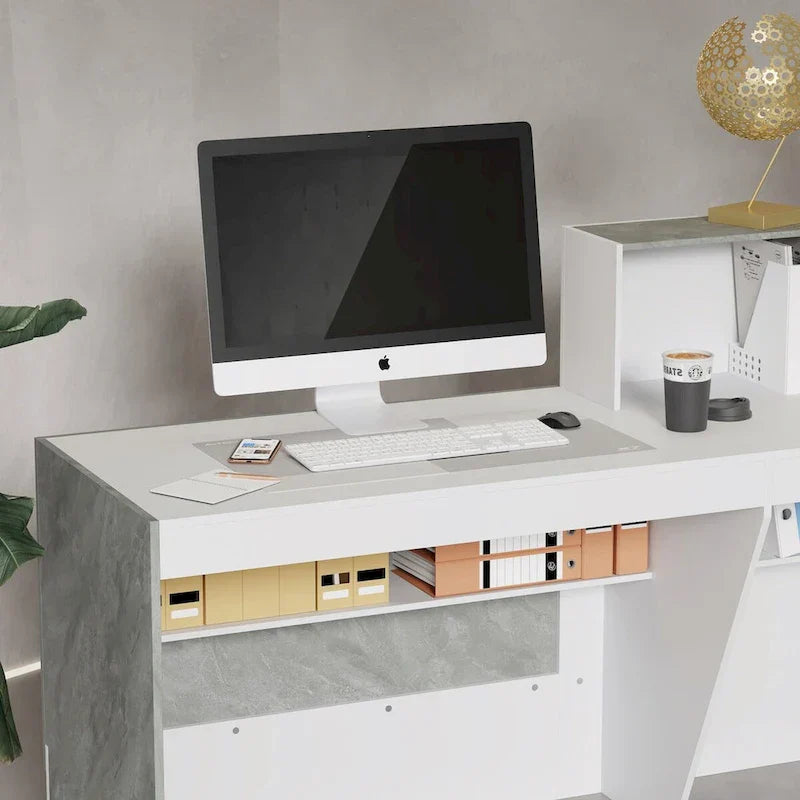 White Reception Desk with Computer Surface and Four Shelves - image 9