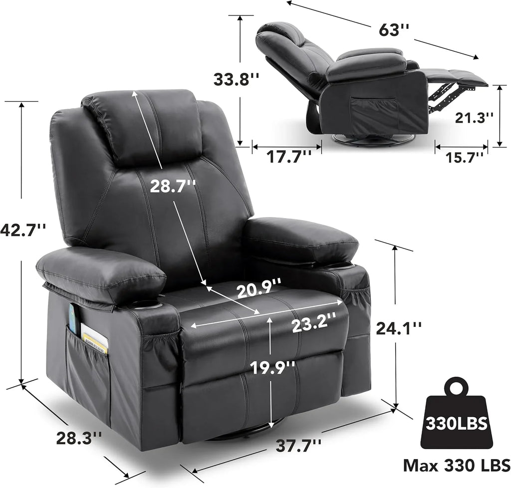 Oversized Swivel Rocker Recliner Chair with Heat and Massage, 360 Degree Swivel Rocking Single Sofa with Cup Holders and USB Port, Large Big Recliner Chair for Living Room (Leather, Brown) - image 23