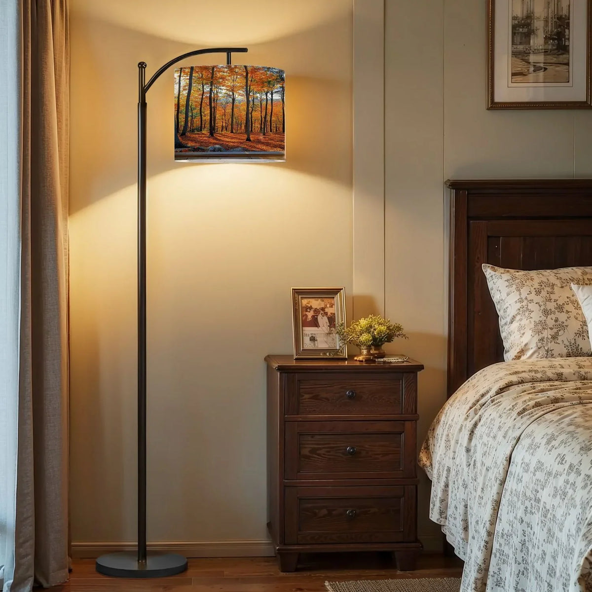Arc Floor Lamp, 3 Color Temperatures Modern Floor Lamps Fall Autumn Maple Tree Forest Adjustable Tall Standing Reading Lamp with Linen Texture Shade - image 2