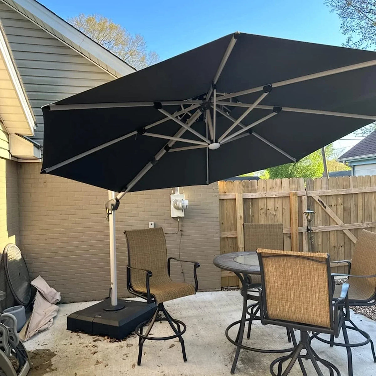 12ft Solar LED Patio Umbrella Outdoor Round Umbrella Large Cantilever Umbrella with LED Lights Windproof Bias Umbrella Heavy 