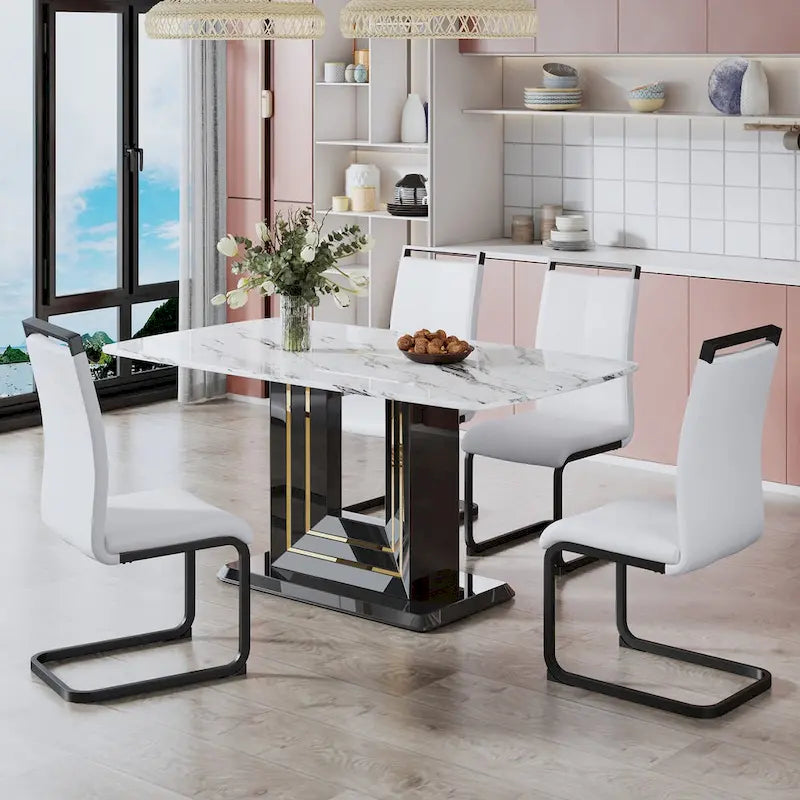 Elegant Dining Table with White Imitation Marble Top, Black MDF Legs Featuring Gold Accents, and a Stylish Black Base - image 5