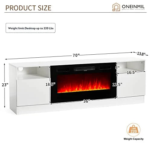 Oneinmil Fireplace TV Stand with 36" Electric Fireplace, LED Light Entertainment Center, Modern Wood, White