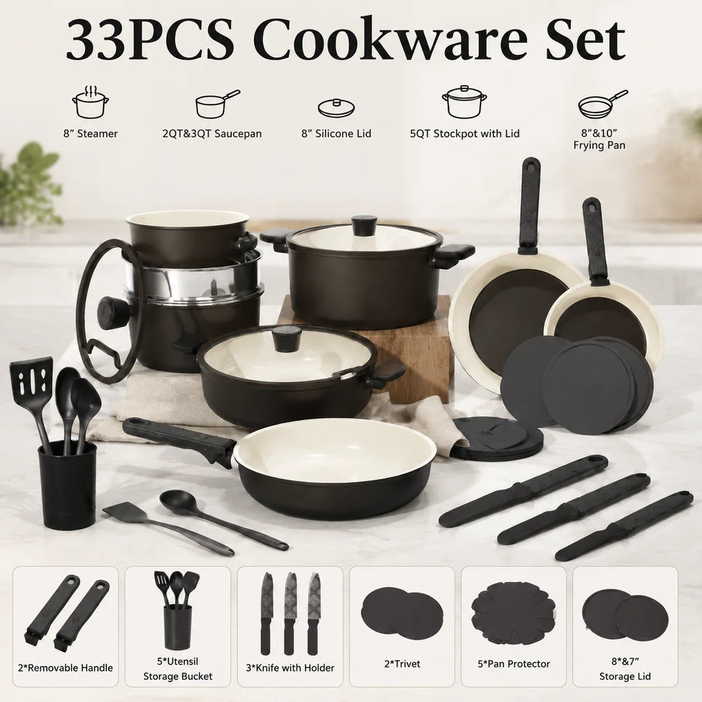 33 PCS Ceramic Cookware Set Nonstick Pots Pans Detachable Handles Induction Dishwasher Safe Black - image 2