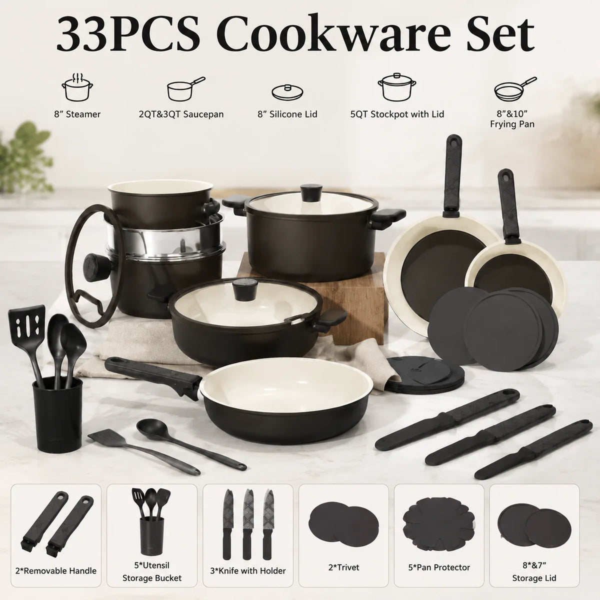 33 PCS Ceramic Cookware Set Nonstick Pots Pans Detachable Handles Induction Dishwasher Safe Black - image 2