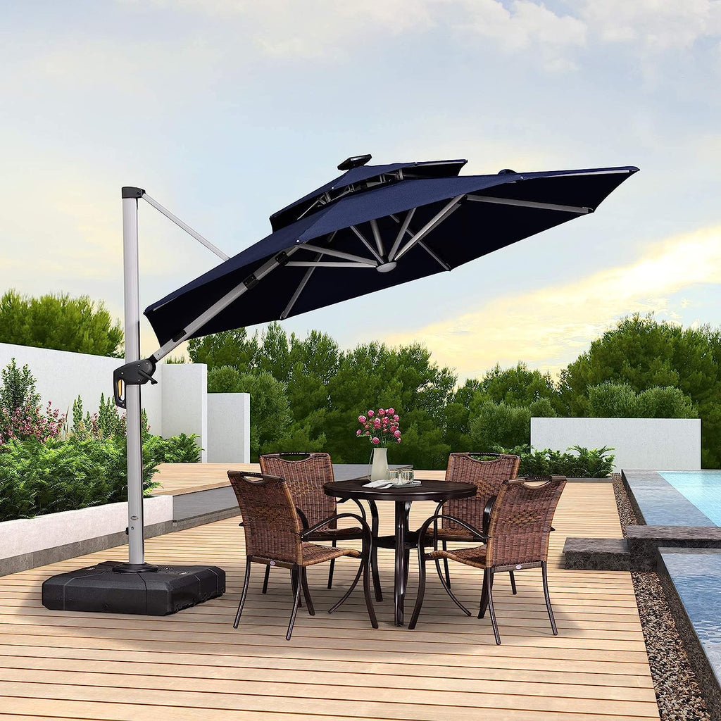 12ft Solar LED Patio Umbrella Outdoor Round Umbrella Large Cantilever Umbrella with LED Lights Windproof Bias Umbrella Heavy 