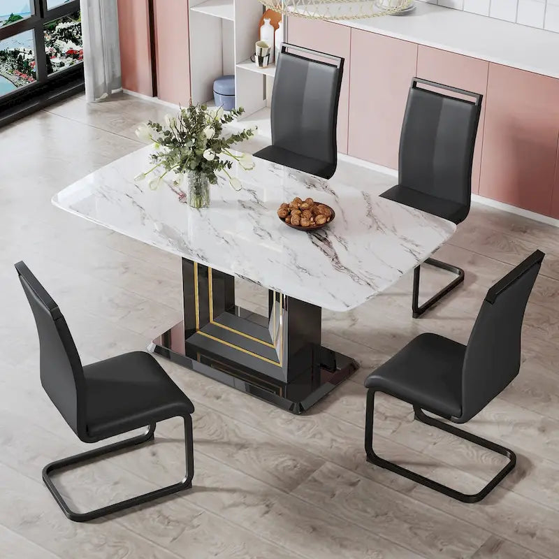 Elegant Dining Table with White Imitation Marble Top, Black MDF Legs Featuring Gold Accents, and a Stylish Black Base - image 8