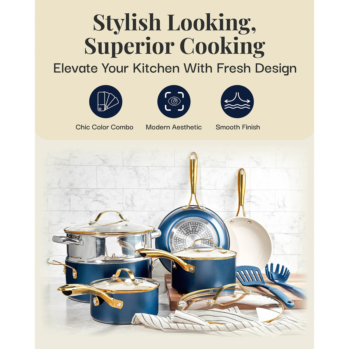 Gotham Steel 15 Pc Ceramic Cookware Set Nonstick, Ceramic Pots and Pans Set Non Stick with Steamer & Cooking Utensils, Non Toxic, Premium Stay Cool Handles, Oven & Dishwasher Safe, Blue - image 4