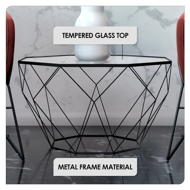 Malibu 22 Modern Octagonal Coffee Table with Tempered Glass Top and Durable Metal Geometric Base for Living Room or Office - image 38