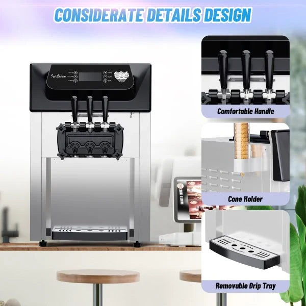 2200W Commercial Ice Cream Machine, 3 Flavor Soft Serve Ice Cream Machine, 5.3-7.4 Gal/Hr, with LCD Touch Screen, Automatic C