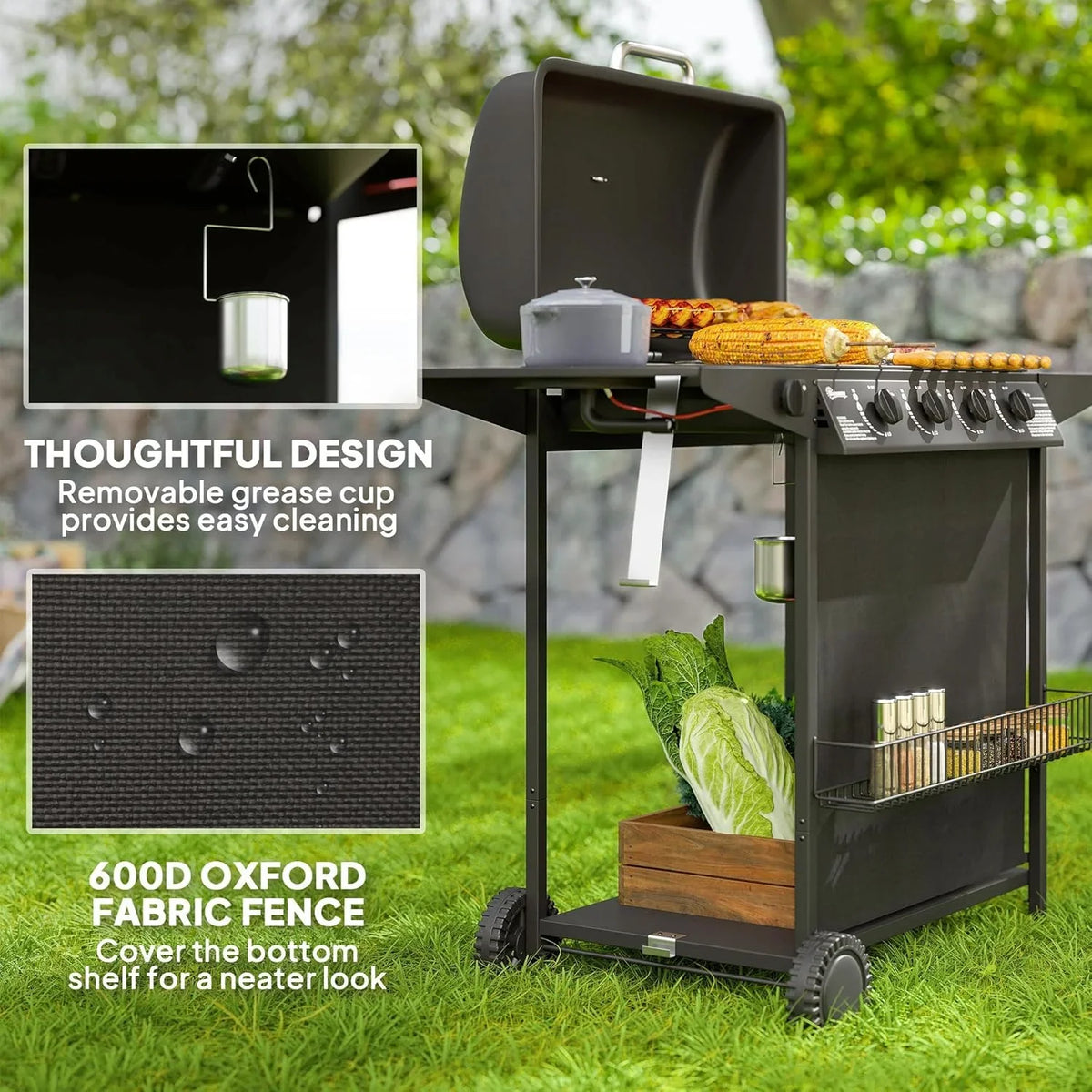 4 1 Burner Propane Gas BBQ Grill, Portable Gas Barbecue Grill with Side Burner, Thermometer, Lid, Side Table, Shelf, Spice Ra