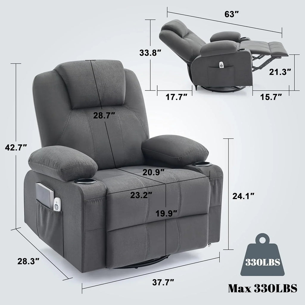 Oversized Swivel Rocker Recliner Chair with Heat and Massage, 360 Degree Swivel Rocking Single Sofa with Cup Holders and USB Port, Large Big Recliner Chair for Living Room (Leather, Brown) - image 16