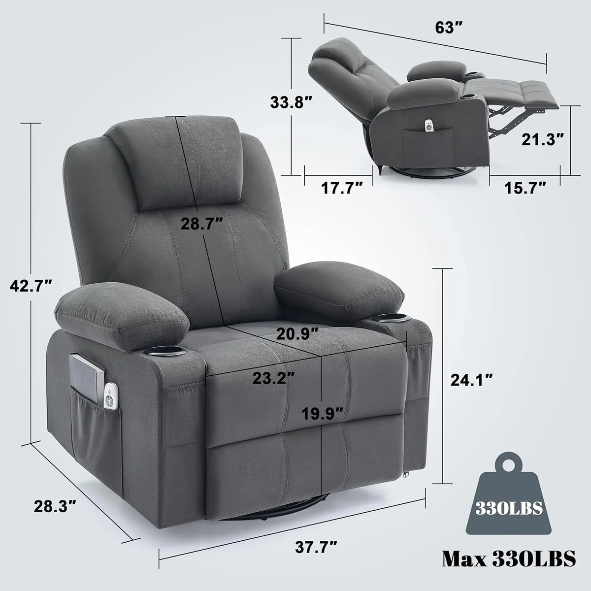 Oversized Swivel Rocker Recliner Chair with Heat and Massage, 360 Degree Swivel Rocking Single Sofa with Cup Holders and USB Port, Large Big Recliner Chair for Living Room (Leather, Brown) - image 16